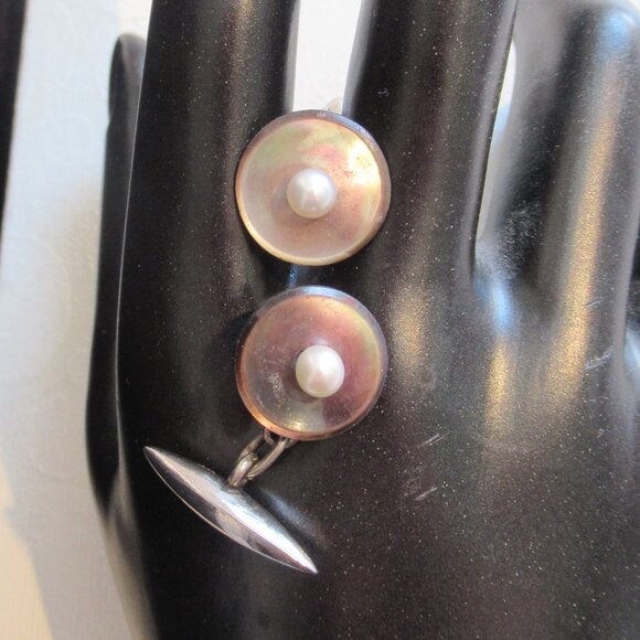 Art Deco, Vintage/Antique, Cufflinks, Black MOP w/ pearl, SBM chain & toggle. - Picture 2 of 6